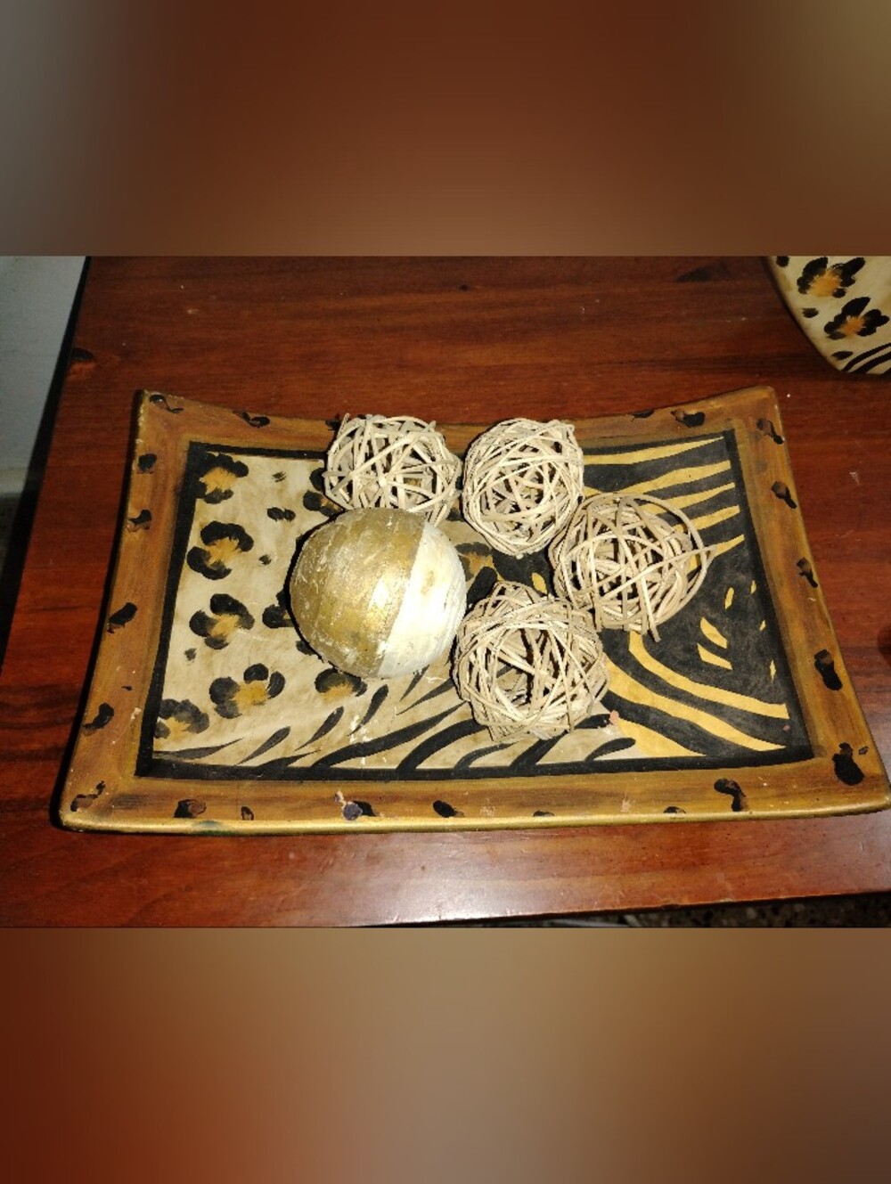 Decorative Accent Tray with Natural Rattan Spheres - Brown/Gold